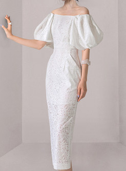 Off-The-Shoulder Puff Sleeve Water Soluble Lace Sheath Dresses