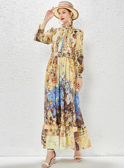 Mock Neck Pleated Front Long Sleeve Allover Print Long Dresses