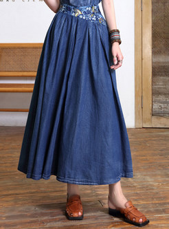 Vintage Embroidered Big Hem Denim Skirts