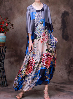 Vintage Silk Patchwork Half Sleeve Plus Size Dresses