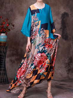 Vintage Silk Patchwork Half Sleeve Plus Size Dresses