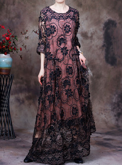 Water Soluble Lace Openwork Long Sleeve Maxi Dresses