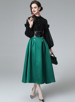 Fashion Mesh Long Sleeve Black Blouses & High Waisted Big Hem Skater Skirts Sets