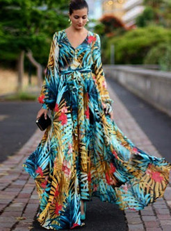 Boho Long Sleeve Floral Maxi Beach Dress
