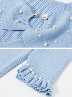 Asymmetrical Pearl Decoration Short Sleeve Knit Tops For Women