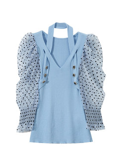 Halter Neck Polka Dot Lace Puff Sleeve Knit Tops For Women