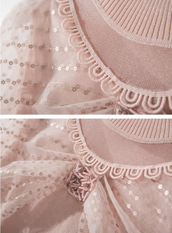 Blouson Sleeve Beading Sequins Bowknot Ladies Knit Tops