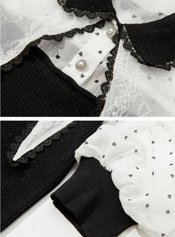 Shirt Collar Patchwork Polka Dot Ladies Knit Tops