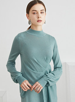 Mock Neck Knot Front Ruched Asymmetrical Womens Knit Tops