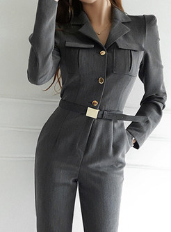Shirt Collar Single-Breasted Womens Office Playsuit