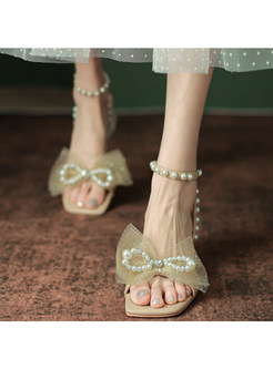 Maiden Mesh Pearl Bowknot Decoration Sandals For Women