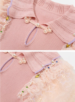 Lace Puff Sleeve Patch Pearl Knit Tops For Women