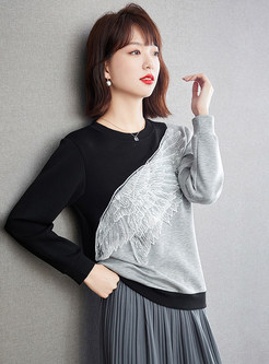 Long Sleeve Patchwork Relaxed Tops For Women