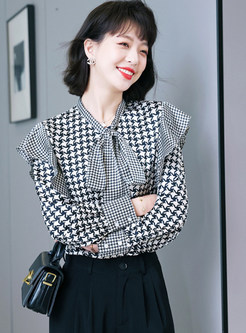 Fashion Ruffles Houndstooth Tie Neck Ladies Blouses