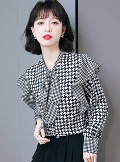 Fashion Ruffles Houndstooth Tie Neck Ladies Blouses