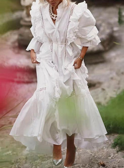 Court Ruffles Solid Color Princess White Maxi Dresses