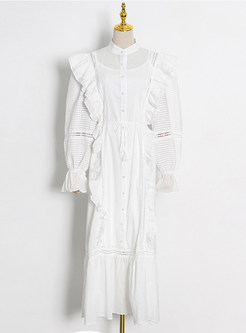 Court Ruffles Solid Color Princess White Maxi Dresses