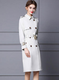 Turn-Down Collar Tie Waist Double-Breasted Design OverCoats For Women