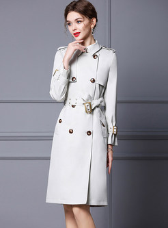 Turn-Down Collar Tie Waist Double-Breasted Design OverCoats For Women