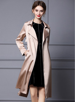 Glamorous Solid Color Tie Waist Women Trench Coats