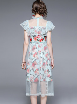 Lace Splicing Floral Print Ruffles Sweet Summer Dresses