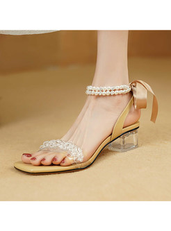 Open Toe Pearl Decoration Block Heel Sandals For Women