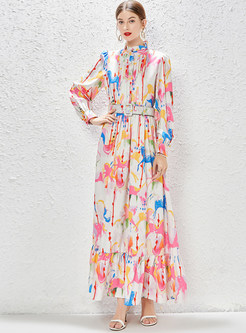 Allover Print Big Hem Long Sleeve Beach Maxi Dresses