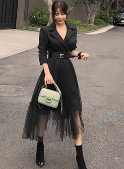Large Lapels High Waisted Mesh Splicing Commuter Cocktail Dresses