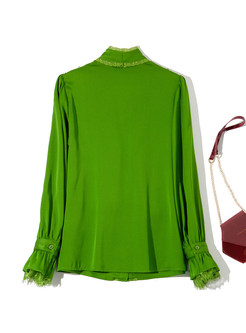 Knot Front Lace Detail Patch Green Blouses For Women