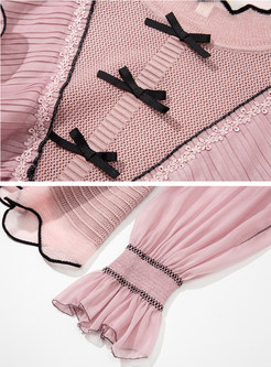 Maiden Ruffles Blouson Sleeve Bowknot Knit Tops For Women