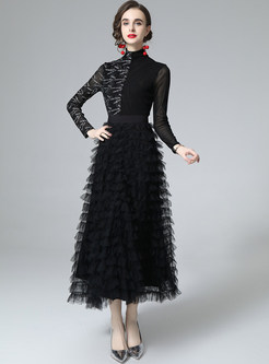 Slim Tulle Patch Asymmetrical Black Tops & Tiered Ruffle Skirts Sets