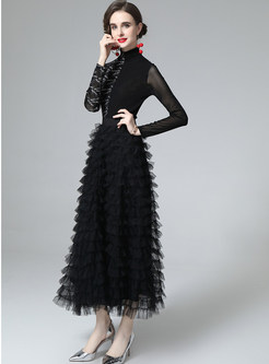 Slim Tulle Patch Asymmetrical Black Tops & Tiered Ruffle Skirts Sets