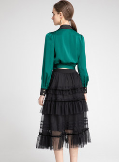 Classy Wrap Waist Long Sleeve Satin Tops & Tiered Ruffle Skirts Sets