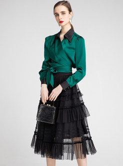 Classy Wrap Waist Long Sleeve Satin Tops & Tiered Ruffle Skirts Sets