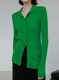 Turn-Down Collar Single-Breasted Slim Ladies Sweaters