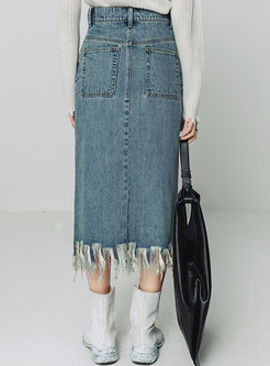 Fashion Burrs Irregular Hem Slim Jean Skirts