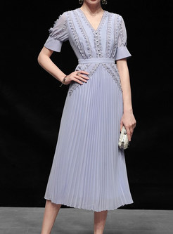 V-Neck Pleated Embroidered Flutter Chiffon Dresses