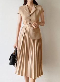 Premium Pleated Single-Breasted Asymmetrical Blazer Dresses
