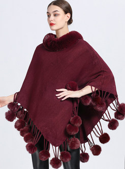 Premium Pullovers Solid Color Woolen Fur Ball Womens Ponchos Coats