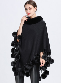 Premium Pullovers Solid Color Woolen Fur Ball Womens Ponchos Coats