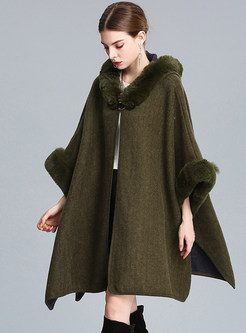 Woolen Fur Collar Hooded Womens Ponchos Coats