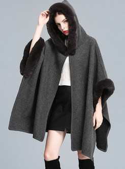 Woolen Fur Collar Hooded Womens Ponchos Coats