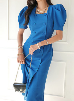 Square Neck Double-Breasted Slim Puff Sleeve Work Pencil Dresses