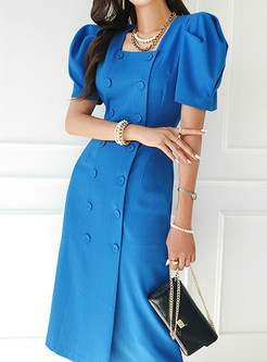 Square Neck Double-Breasted Slim Puff Sleeve Work Pencil Dresses
