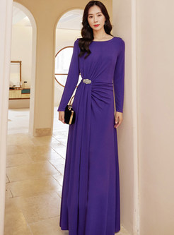 Crew Neck Knot Front Ruched Drape Floor Length Long Sleeve Dresses