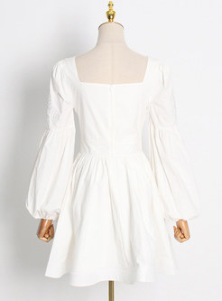 Square Neck Lantern Sleeve Ruffles Mini White Dresses