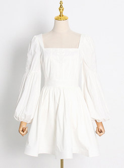 Square Neck Lantern Sleeve Ruffles Mini White Dresses