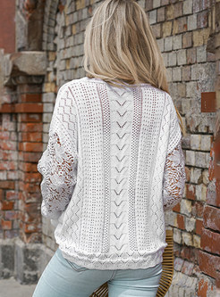 Womens Openwork Long Sleeve Patch Sweaters