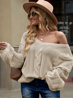 V-Neck Long Sleeve Cable Knit Loose Sweaters For Women