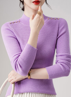 Mock Neck Wool Slim Pullovers Knit Tops For Women